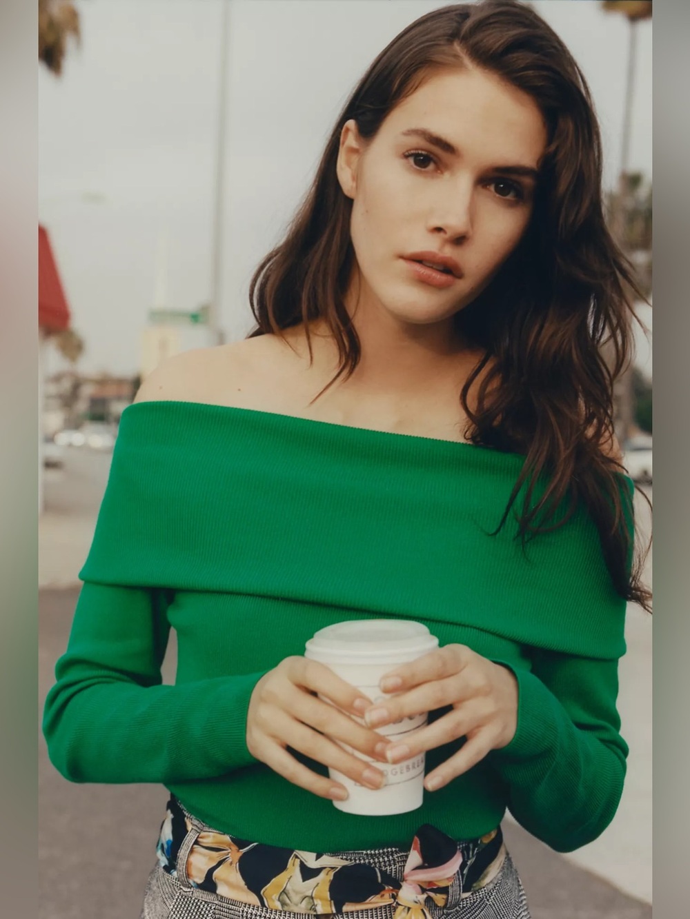 ett: twa Off-Shoulder Green Women's Sweater